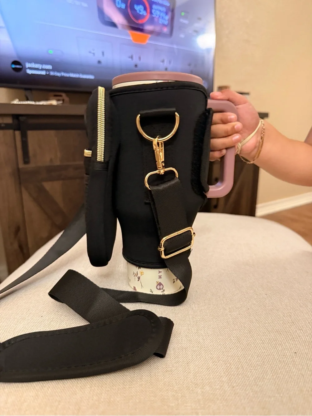 Black Crossbody Phone Pouch with Gold Hardware